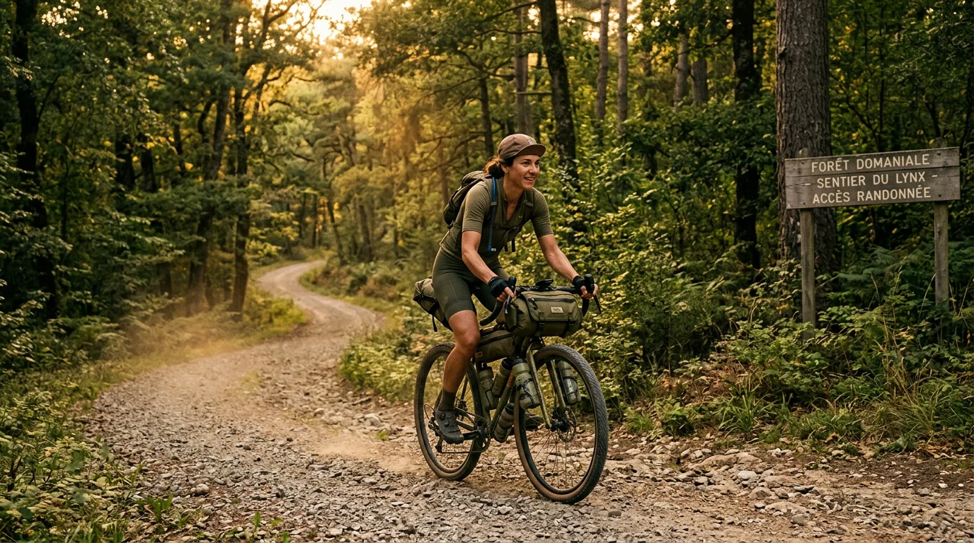 Cycliste en bikepacking sur un chemin forestier gravel au coucher du soleil