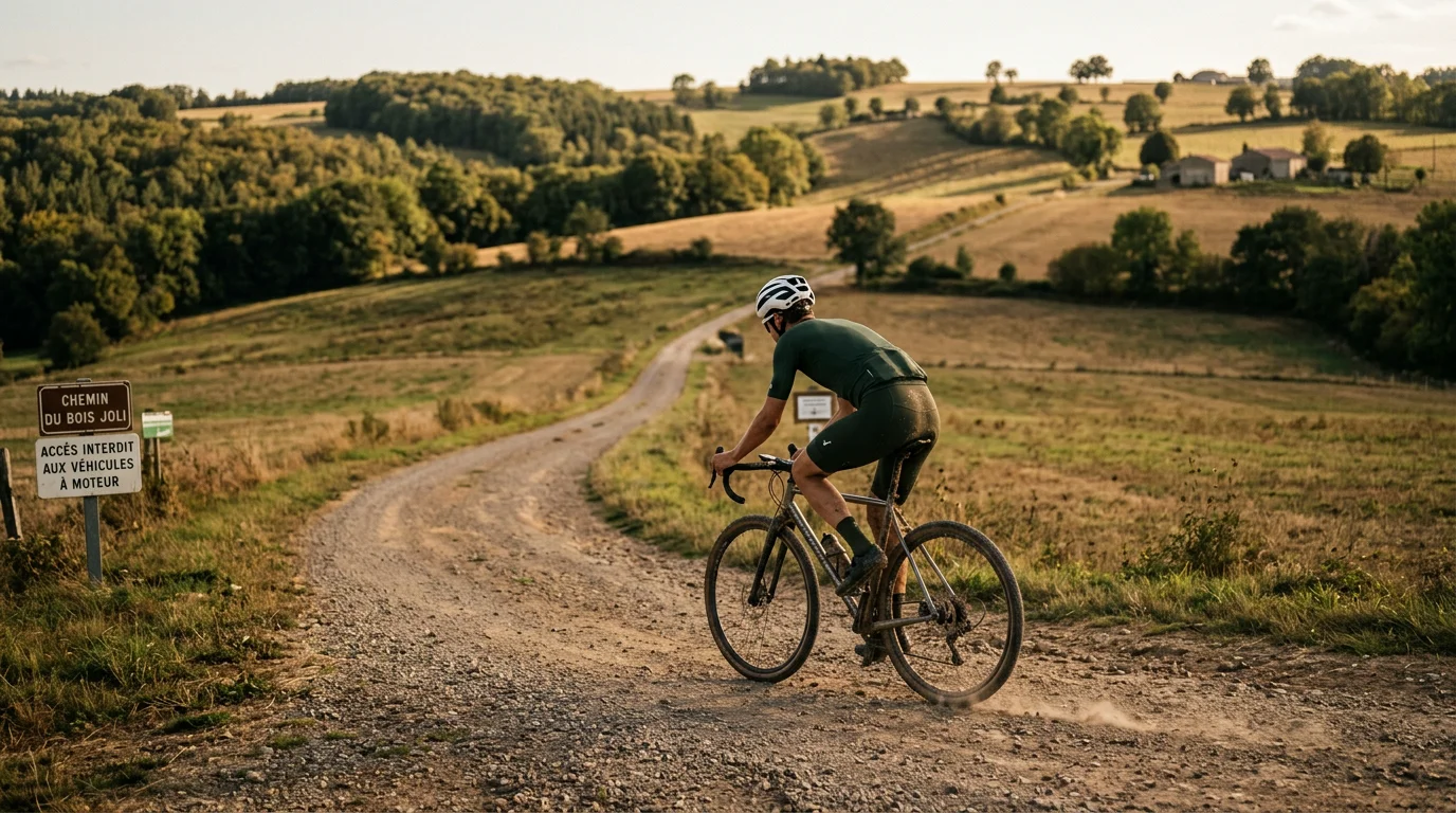 Cycliste en pleine course gravel sur un chemin de terre dans la campagne française