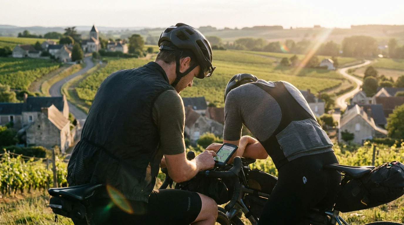 Cycliste gravel consultant son GPS sur un itinéraire en campagne française