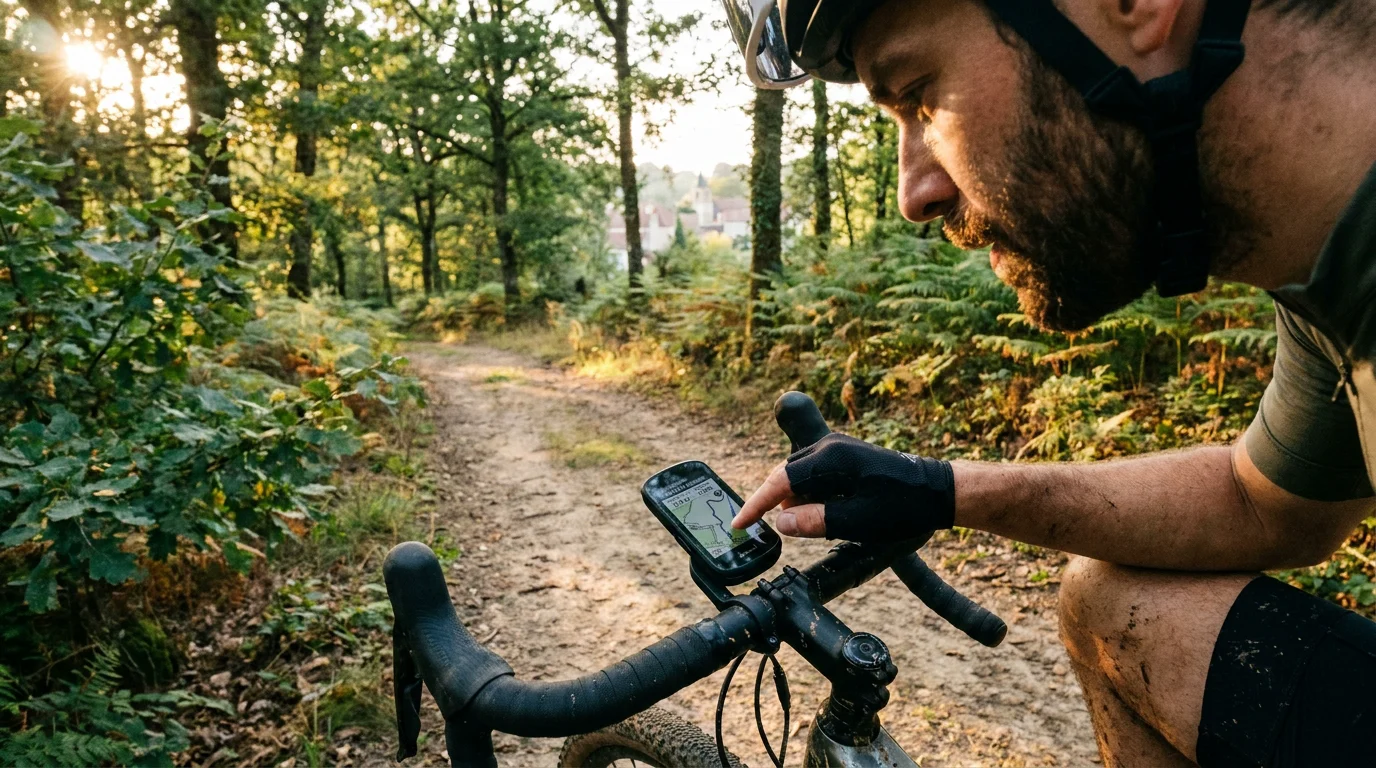 Cycliste gravel consultant un compteur GPS sur un chemin forestier en France