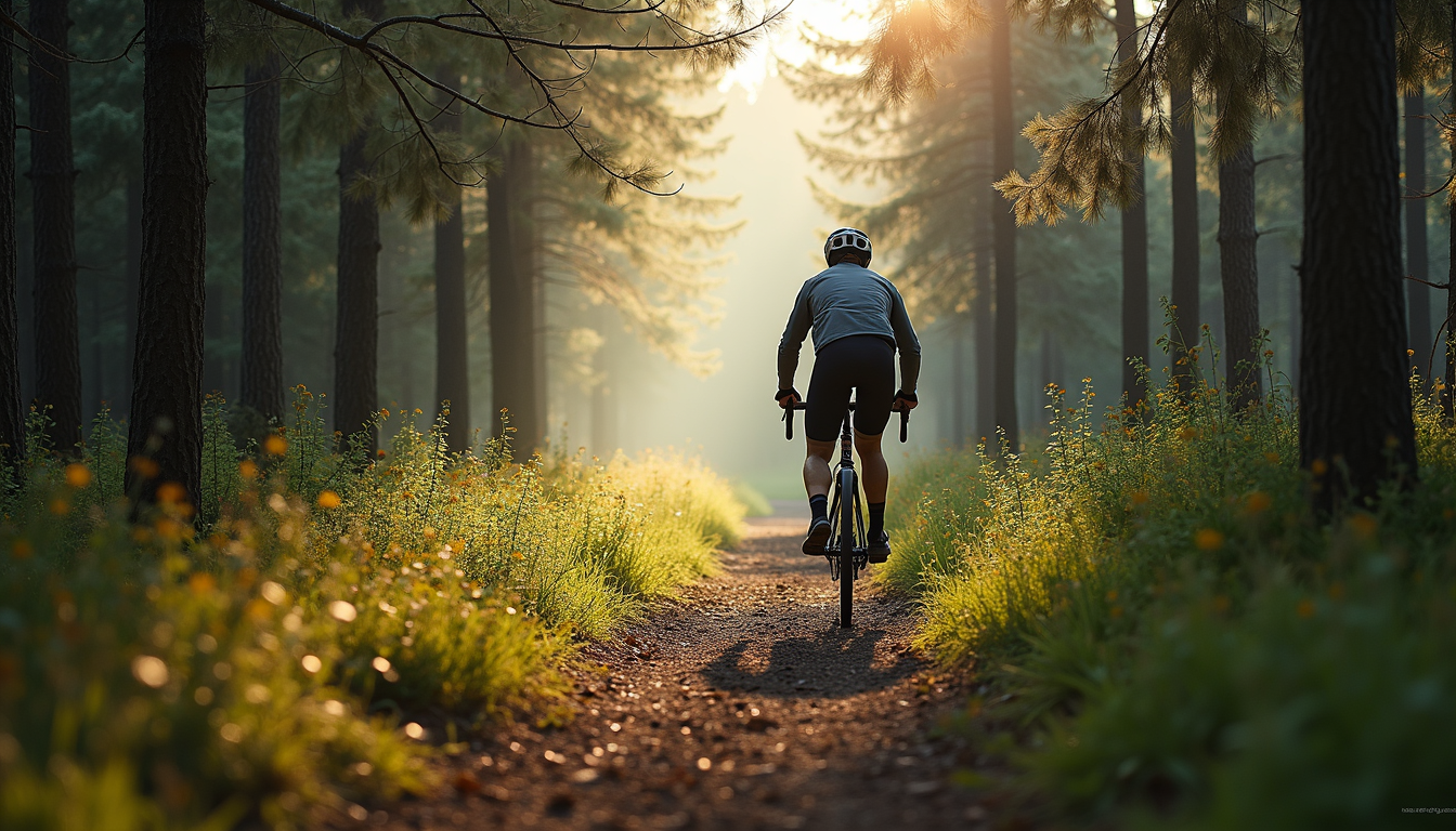 Vue panoramique d'un cycliste traversant un sentier forestier en pleine nature