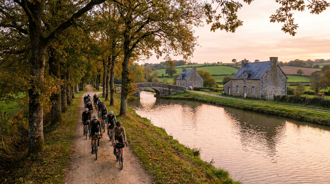 Groupe de cyclistes gravel sur un chemin de halage en Bretagne