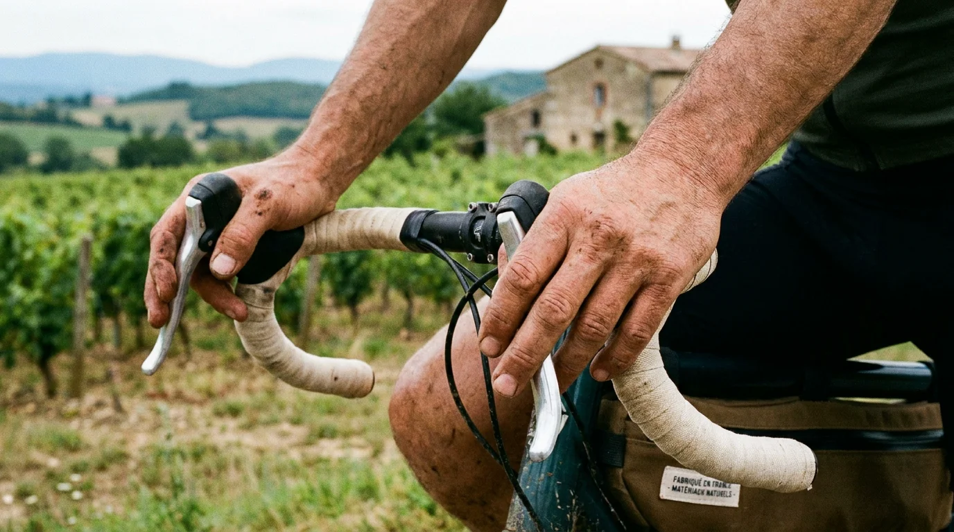 Mains d'un cycliste sur un cintre gravel flared montrant le réglage des leviers