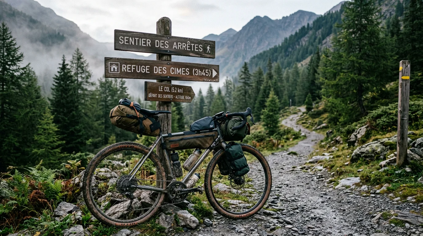 Vélo gravel équipé de sacoches de bikepacking prêt pour une épreuve d'ultra-distance