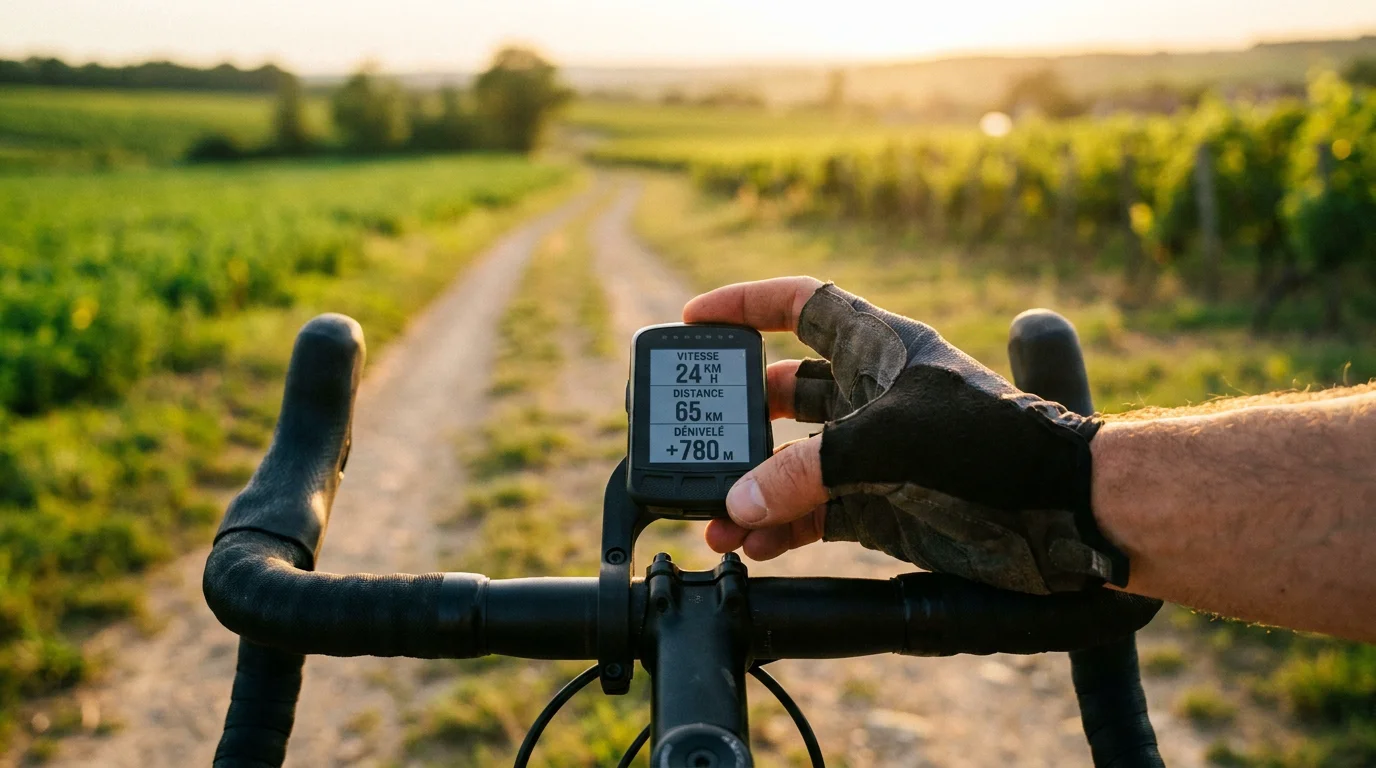 Cycliste consultant un compteur GPS vélo sur un guidon de gravel en pleine campagne française