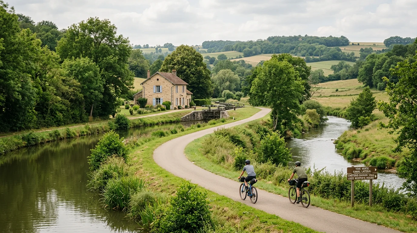 Cyclistes sur une voie verte le long du Cher et du canal de Berry