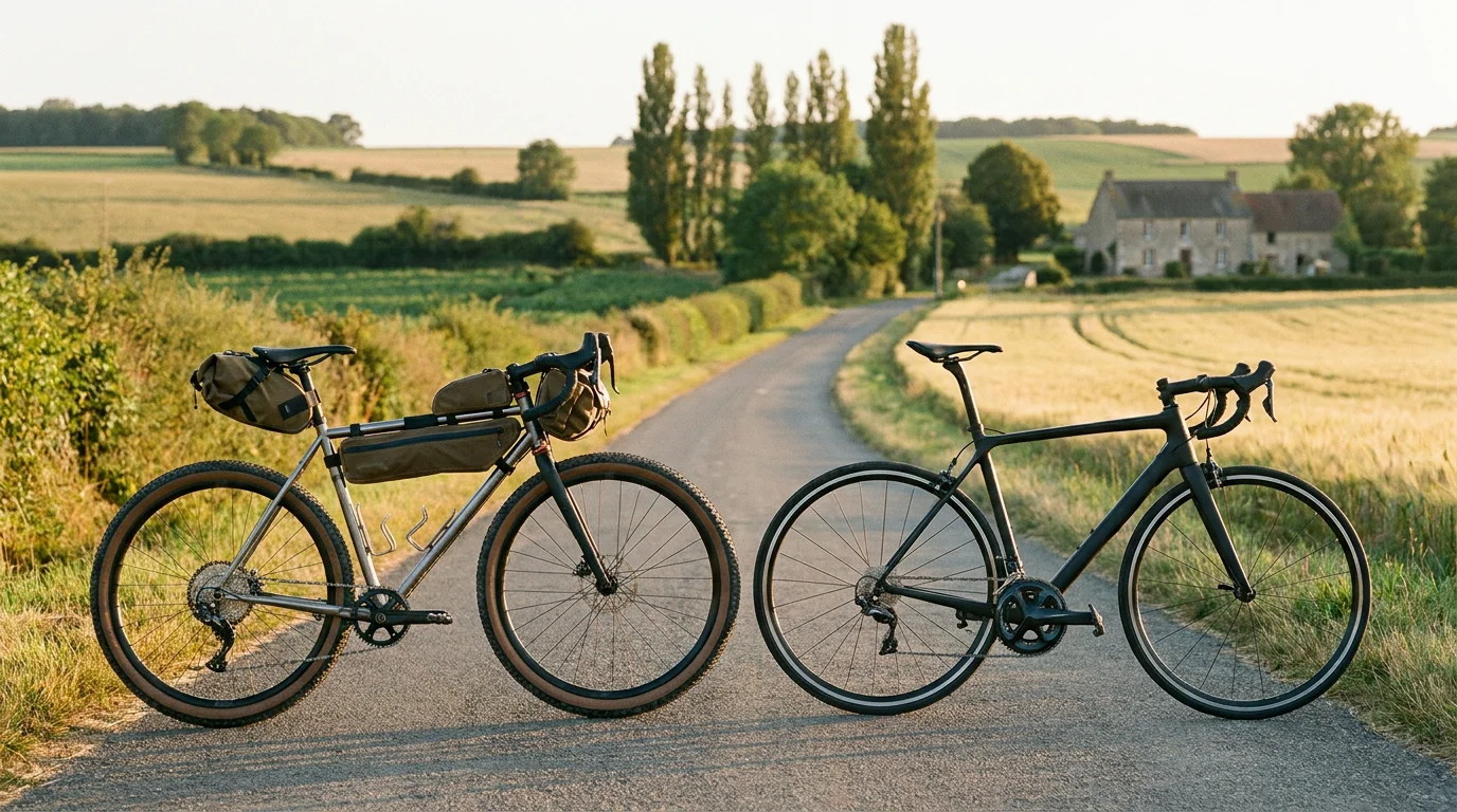 Comparaison visuelle entre un vélo gravel et un vélo de route sur une route de campagne en France