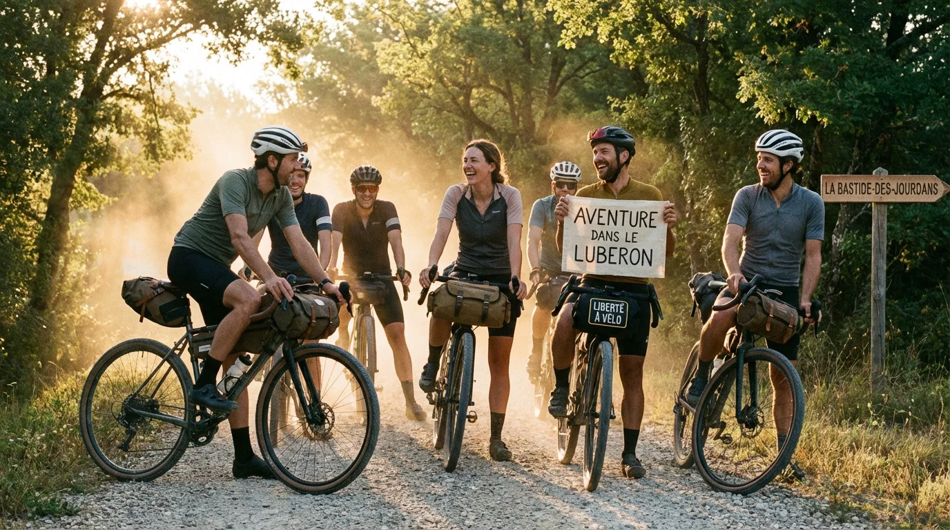 Cyclistes sur un chemin de gravel en France au lever du soleil avec des sacoches de bikepacking