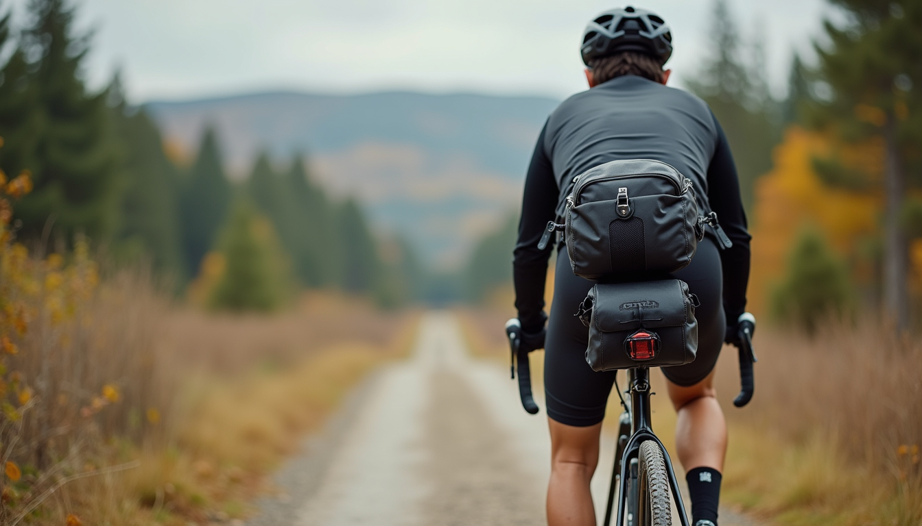 Gros plan sur un vélo gravel équipé pour l’ultra-distance avec sacoches et accessoires