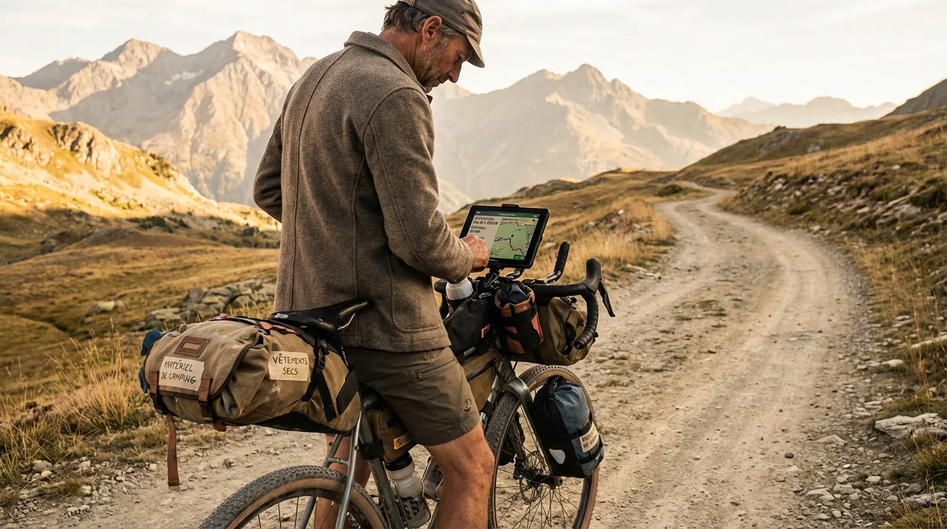 Cycliste vérifiant son GPS à côté de son gravel chargé en bikepacking sur un sentier de montagne