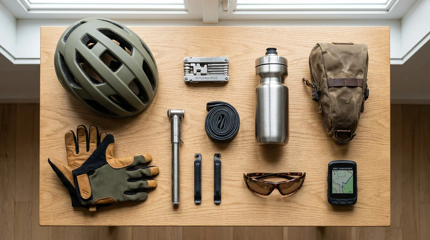 Flat lay d'accessoires et équipements indispensables pour le vélo gravel