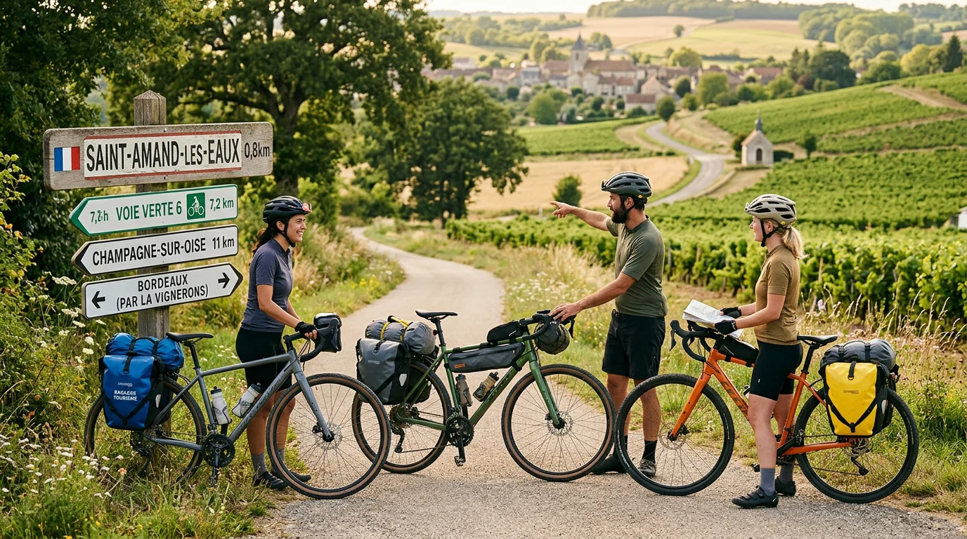 Groupe de cyclotouristes en pause sur une véloroute en France