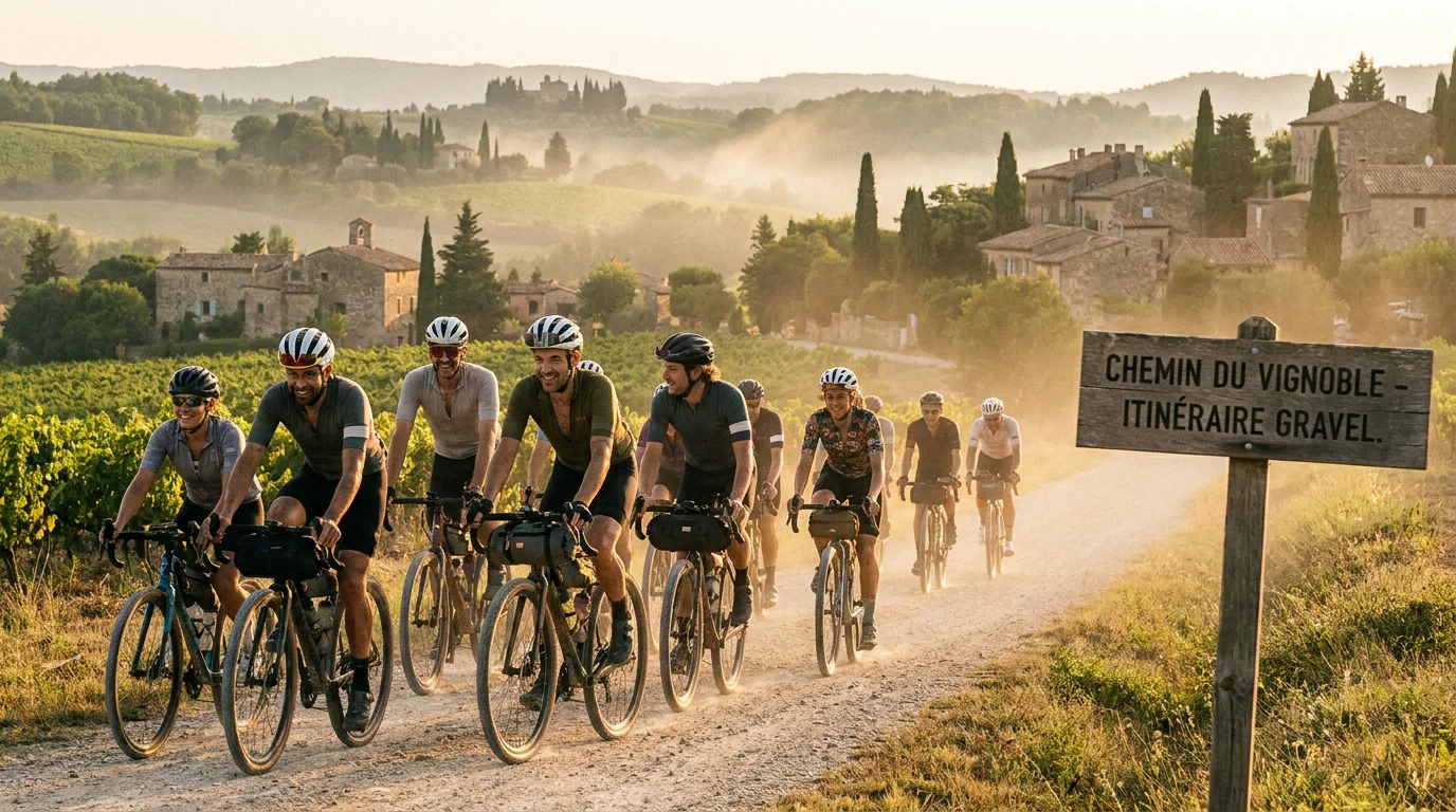Cyclistes gravel sur un chemin de terre dans un paysage français vallonné