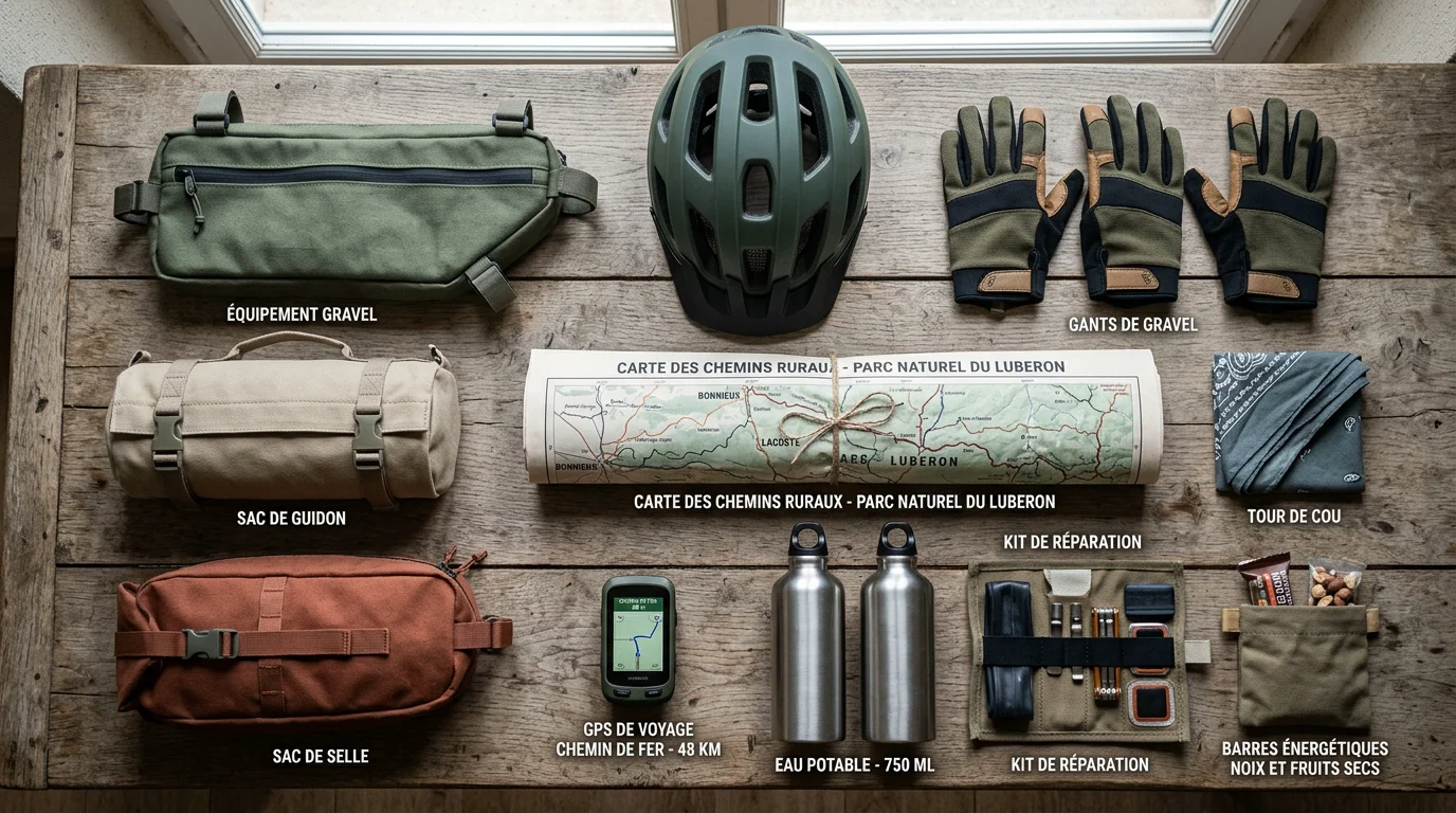 Équipement de gravel et de bikepacking disposé à plat pour préparer une épreuve