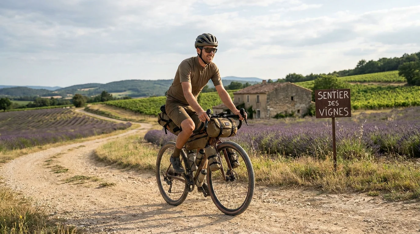 Cycliste en bikepacking gravel sur un sentier de campagne en France