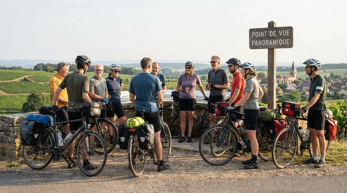 Groupe de cyclotouristes au sommet d'un col en France