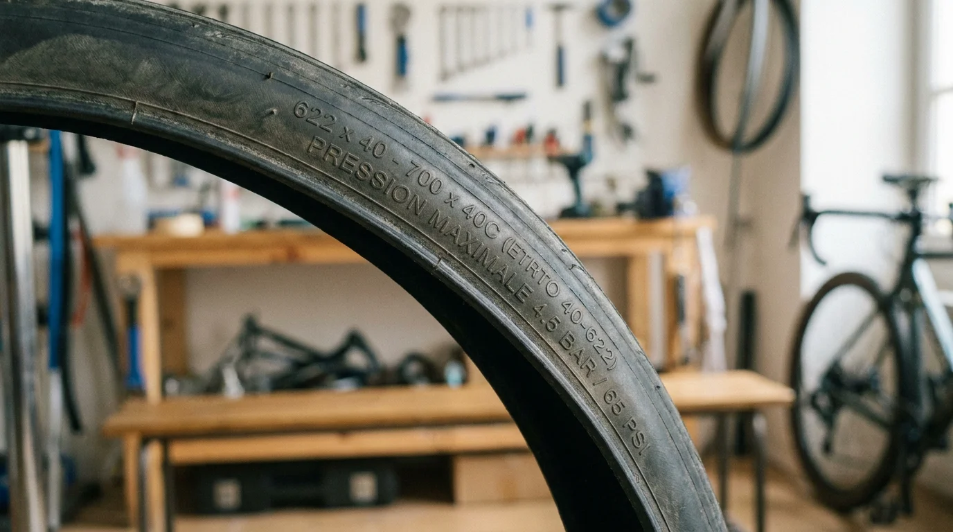 Flanc d'un pneu de vélo montrant les inscriptions de dimensions ETRTO, pouces et millimètres
