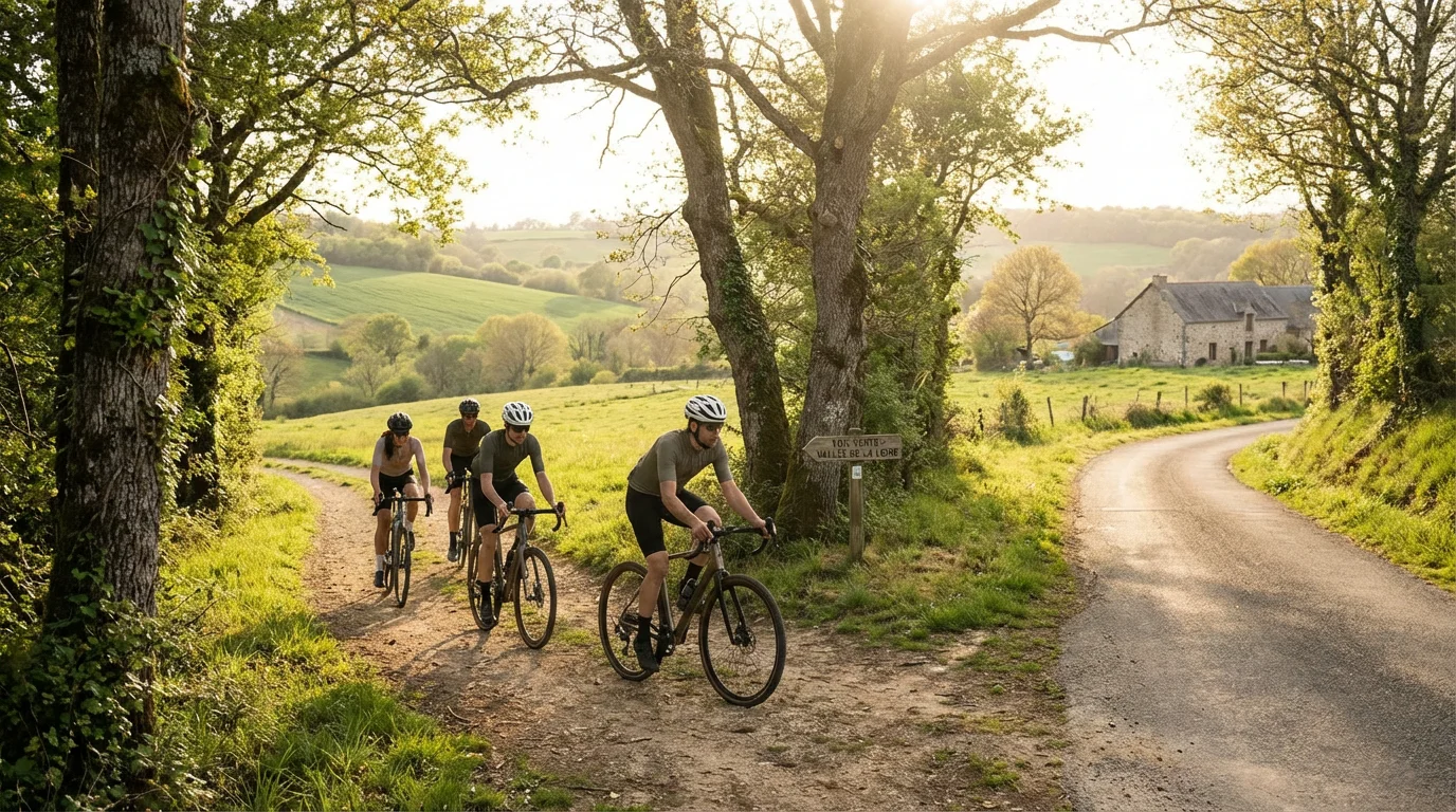 Cyclistes européens sur un chemin mixte lors d'une rando gravel en France