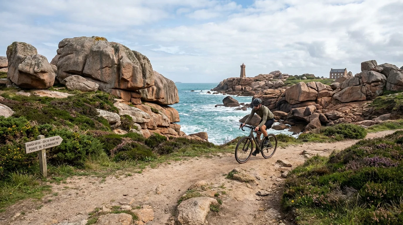 Cycliste sur un chemin gravel longeant la côte de granit rose en Bretagne