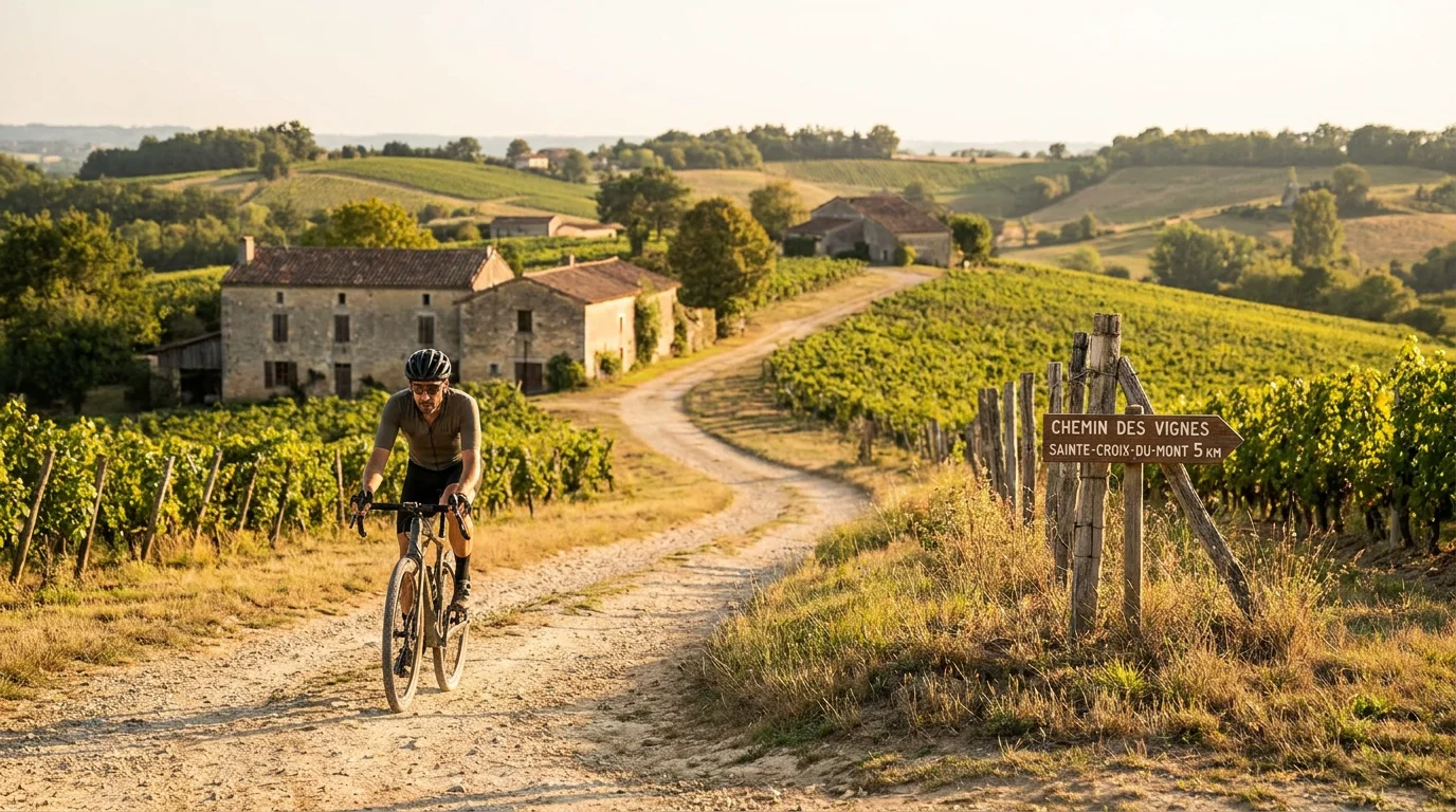 Cycliste gravel sur un chemin de terre dans la campagne française