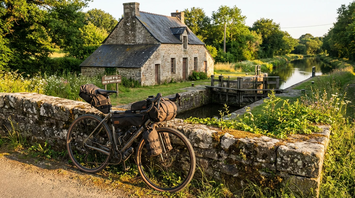 Vélo gravel équipé de sacoches de bikepacking posé devant une maison éclusière en Bretagne