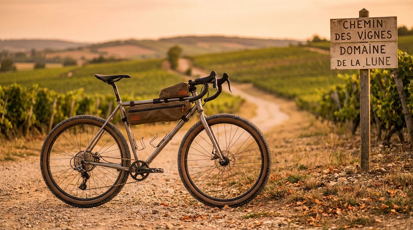Vélo gravel sur un chemin de terre dans la campagne française au coucher du soleil