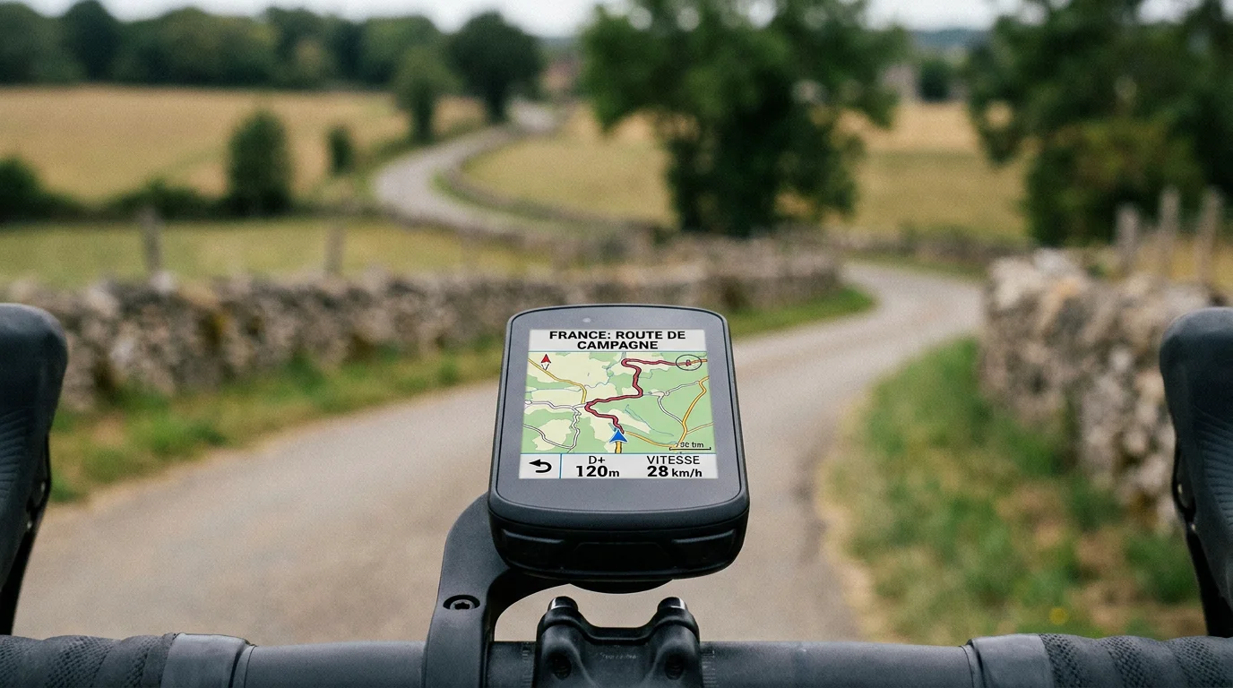 Compteur GPS vélo fixé sur un cintre avec carte affichée sur fond de route française