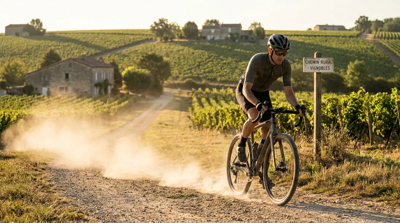 Cycliste sur un vélo gravel roulant sur un chemin mixte dans la campagne française