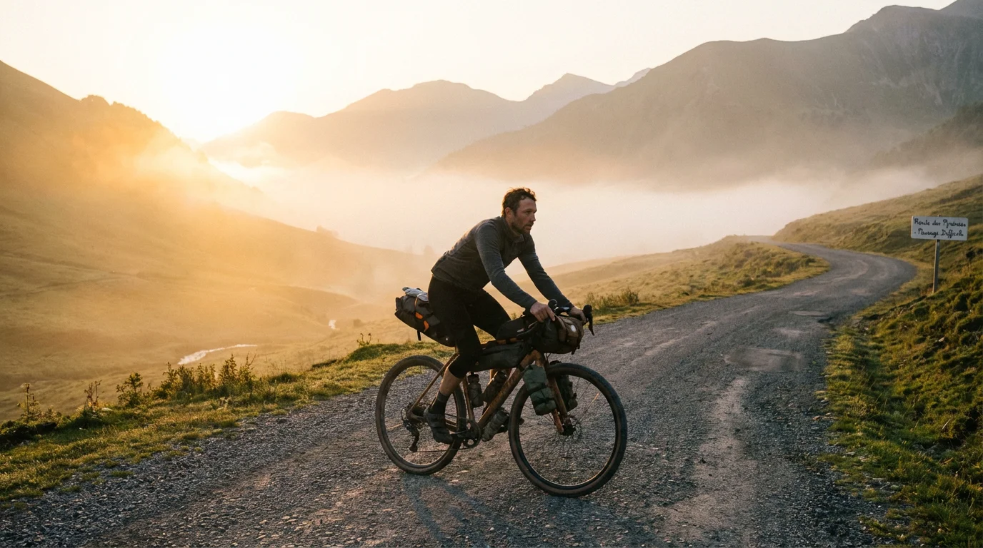 Cycliste en ultra endurance sur une route de gravel de montagne au lever du soleil