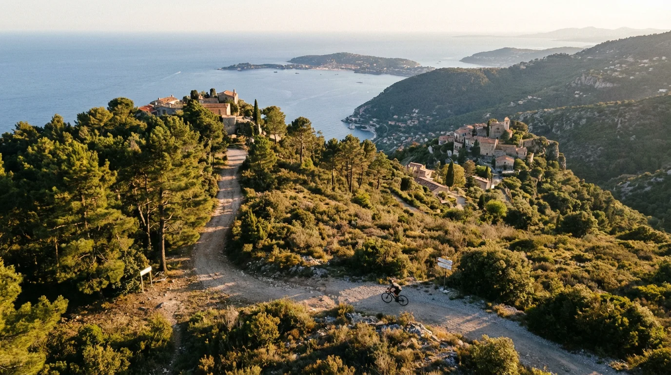Cycliste gravel sur une piste de l'arrière-pays niçois avec vue sur la Méditerranée