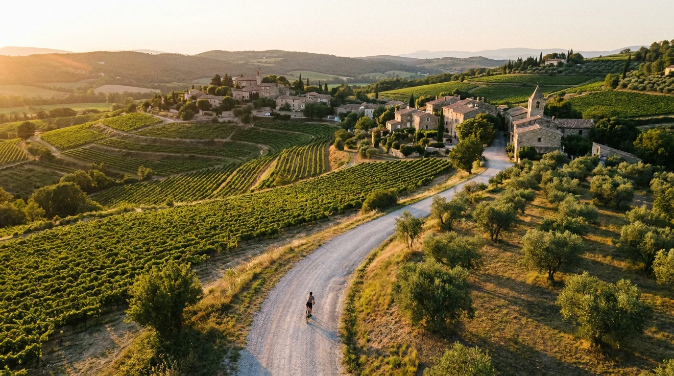 Cycliste sur un chemin de gravel vallonné en France, illustrant l'importance du calcul d'itinéraire en vélo électrique