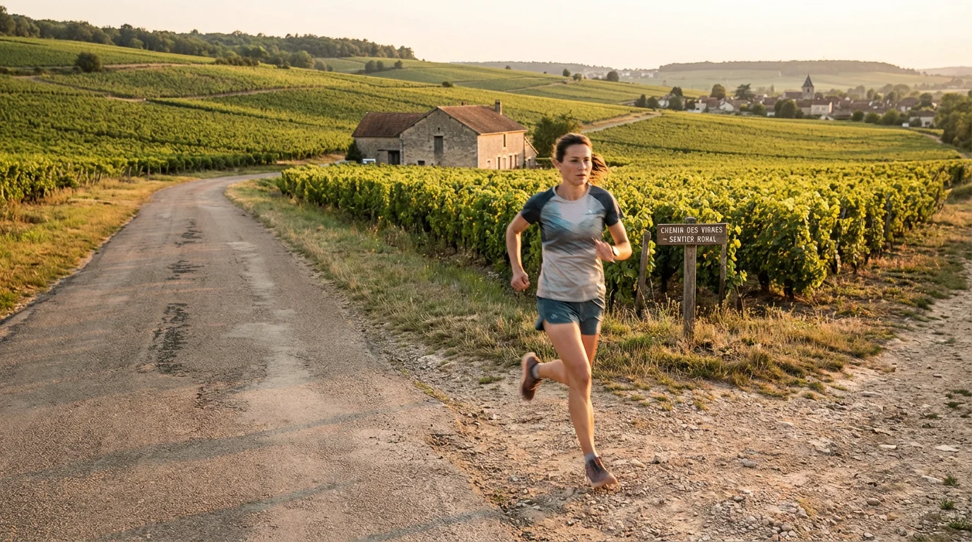 Coureur sur un chemin mixte entre route et sentier, typique du gravel running en campagne française