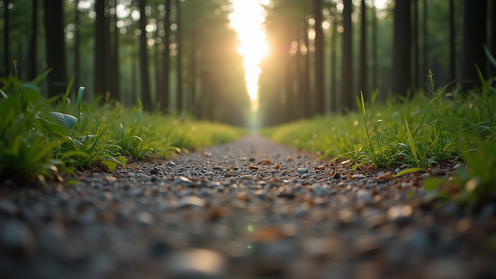 Vue au niveau des yeux d'un sentier de gravel en forêt avec lumière filtrée par les arbres