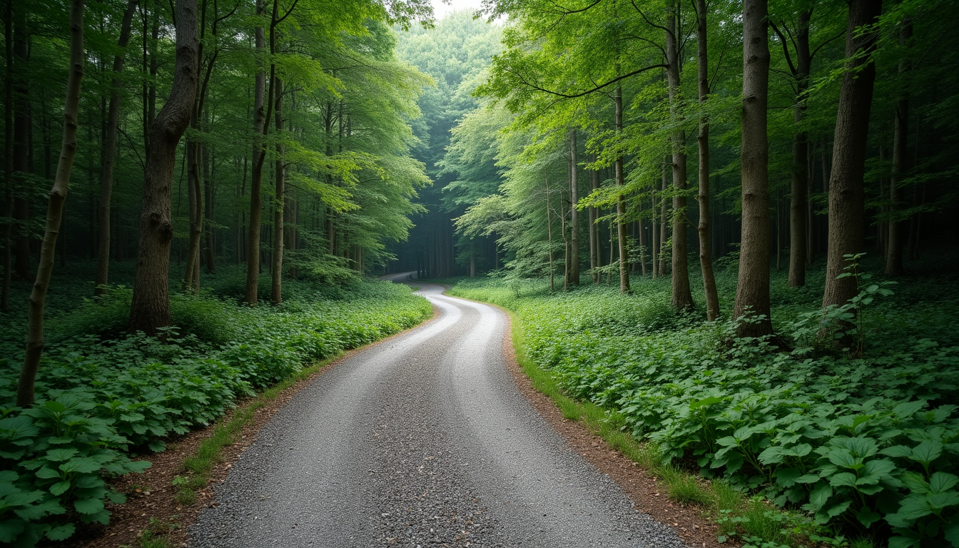 Vue panoramique d’un chemin de gravel serpentant à travers une forêt dense