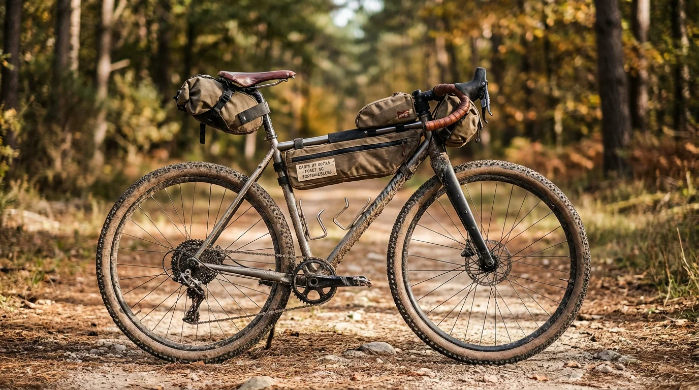 Détail d'un vélo gravel équipé de pneus larges et sacoches de bikepacking sur un chemin forestier
