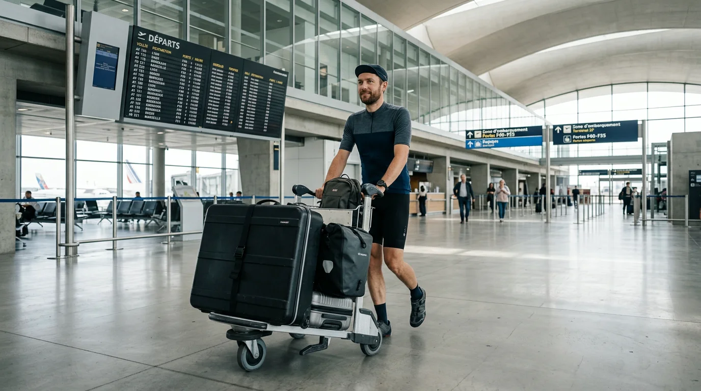 Cycliste transportant une valise de vélo dans un aéroport français
