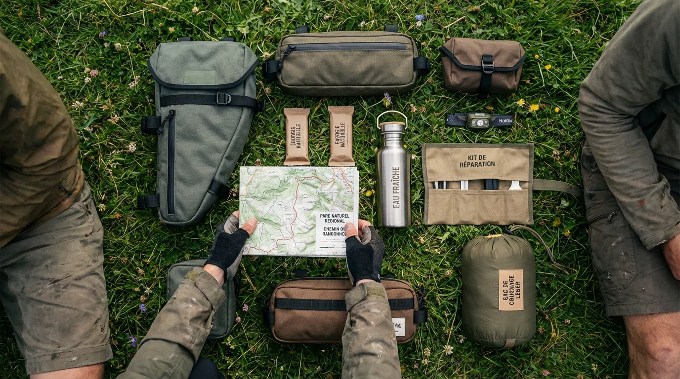 Équipement de bikepacking disposé sur l'herbe avec sacoches, carte et matériel de réparation