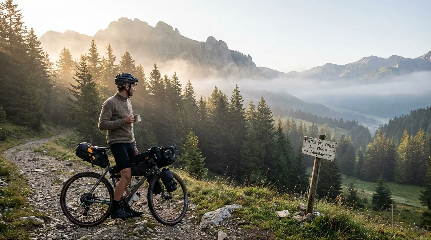 Cycliste gravel en bikepacking sur un sentier de montagne français au lever du soleil
