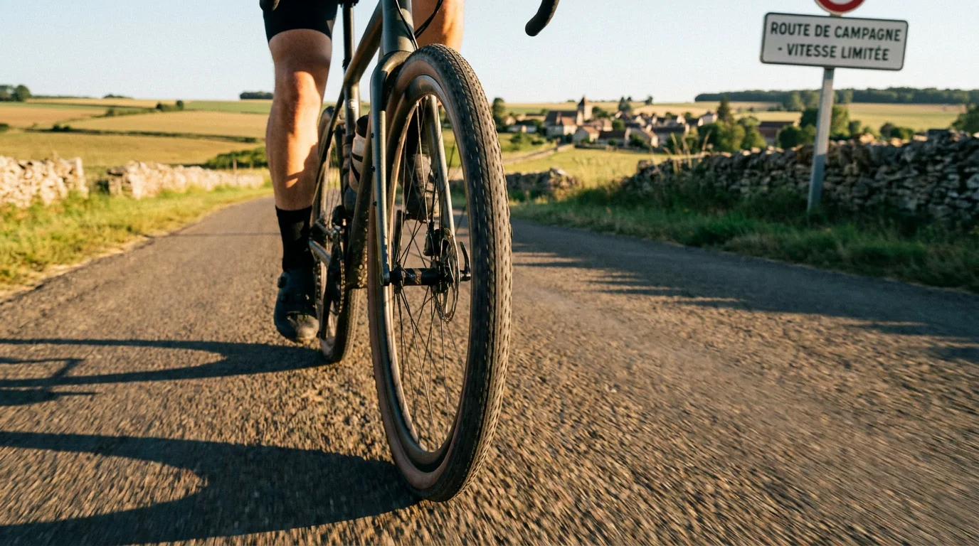 Pneu gravel fin sur une route de campagne en France