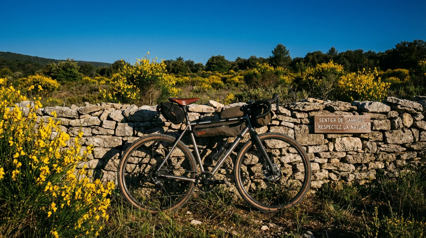 Vélo gravel dans la garrigue provençale au printemps près de Marseille