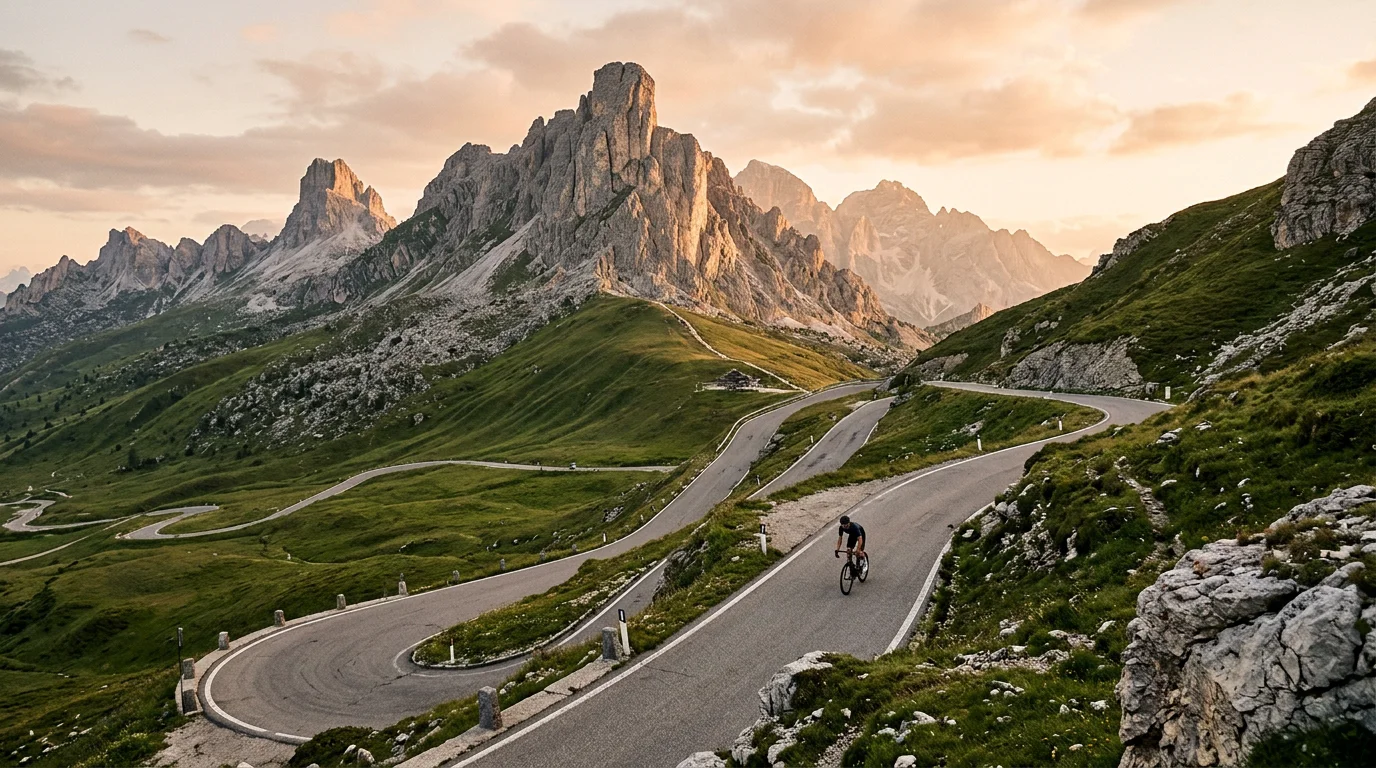 Route en lacets grimpant vers un col des Dolomites au coucher du soleil