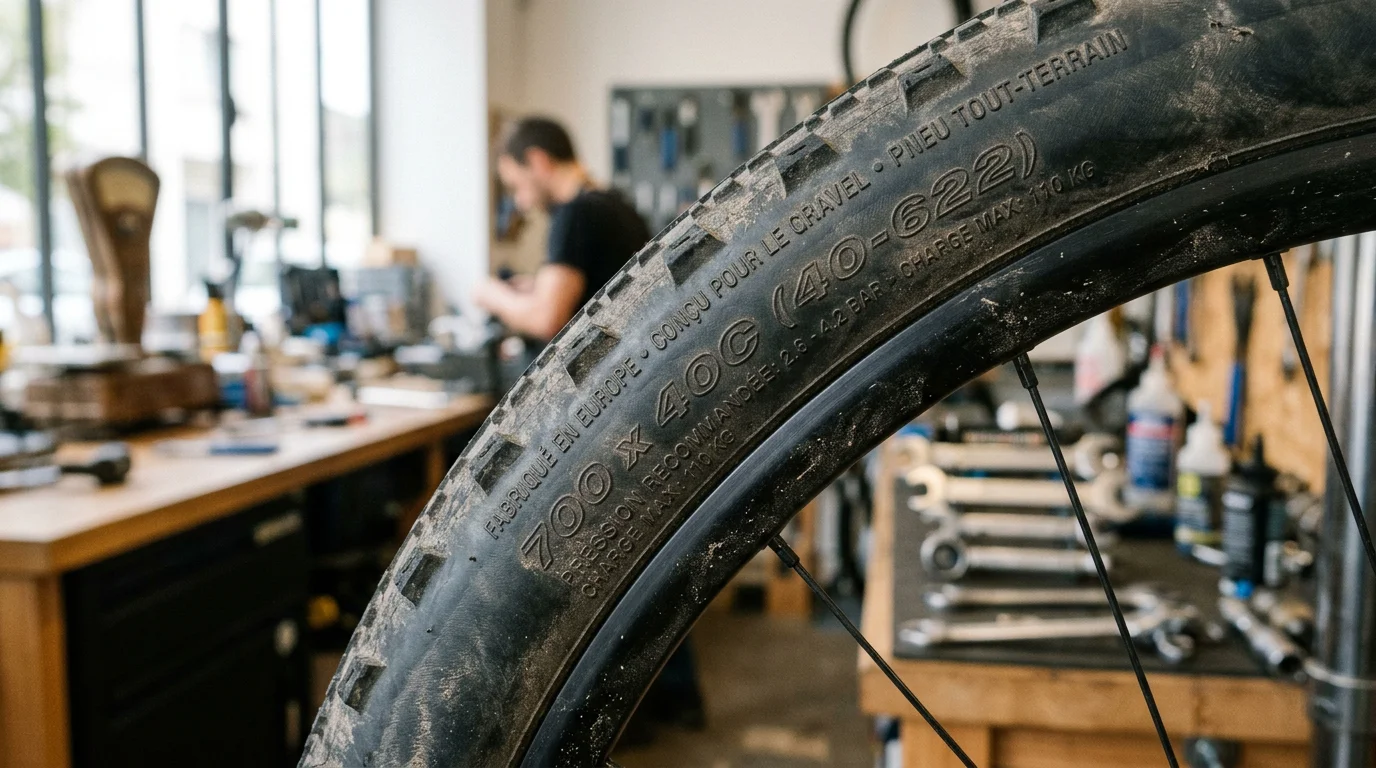 Marquage des dimensions gravé sur le flanc d'un pneu de vélo