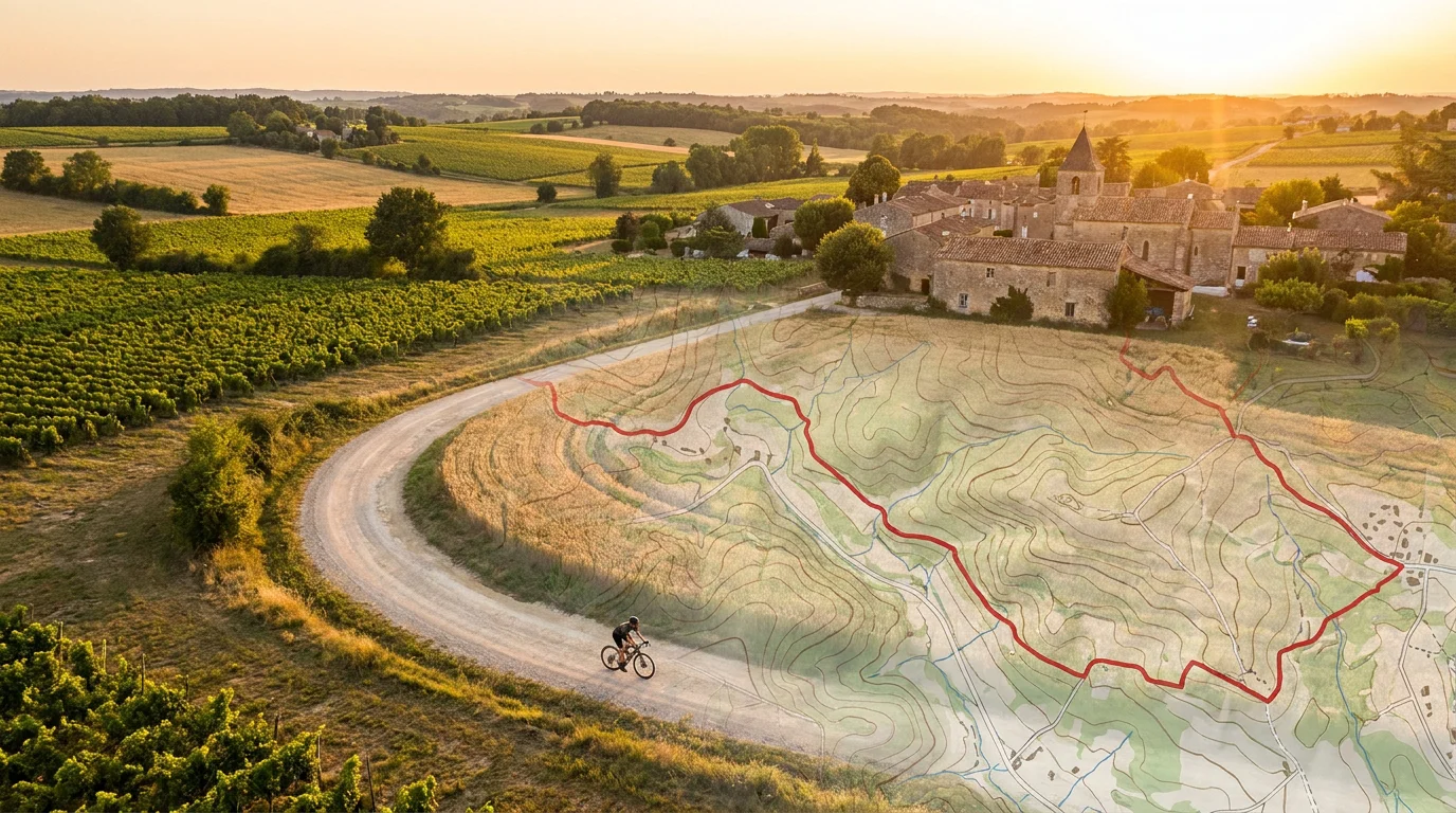 Cycliste gravel sur un chemin de campagne en France avec tracé d'itinéraire superposé