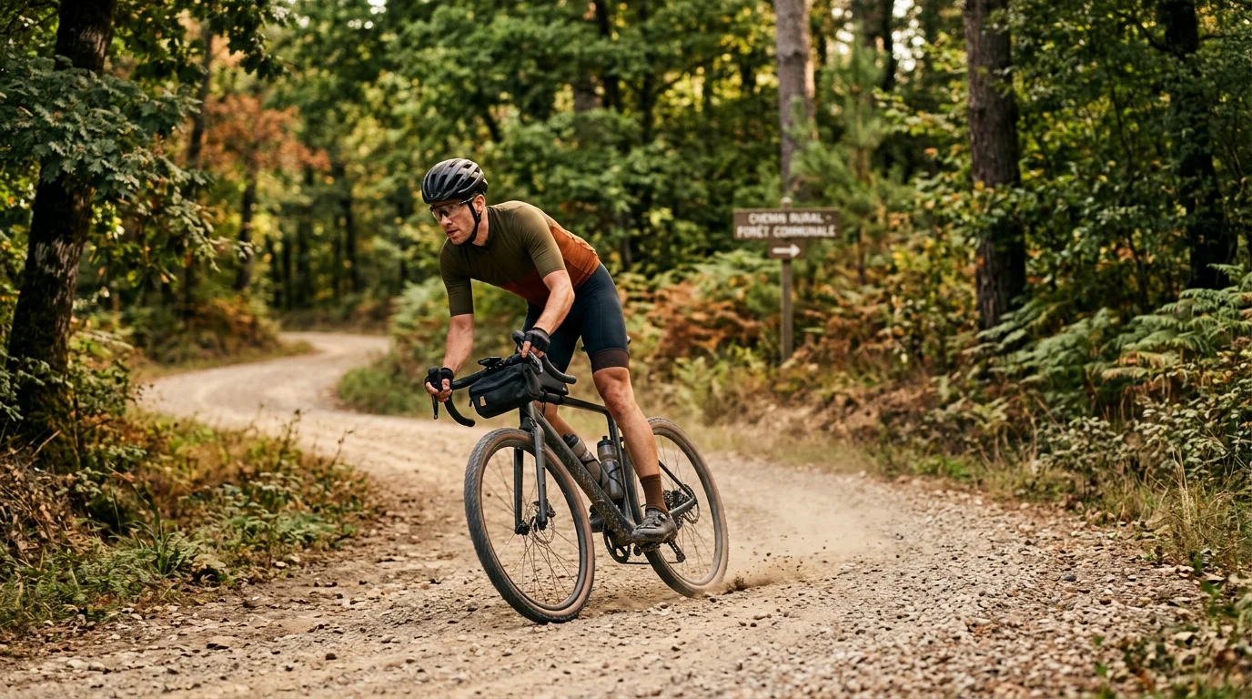 Cycliste relançant sur un chemin gravel en forêt
