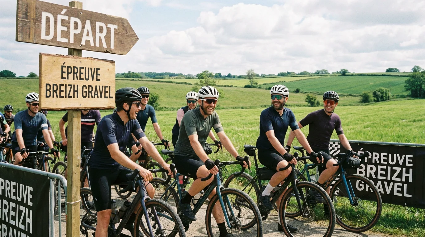 Groupe de cyclistes au départ d'une épreuve gravel en Bretagne