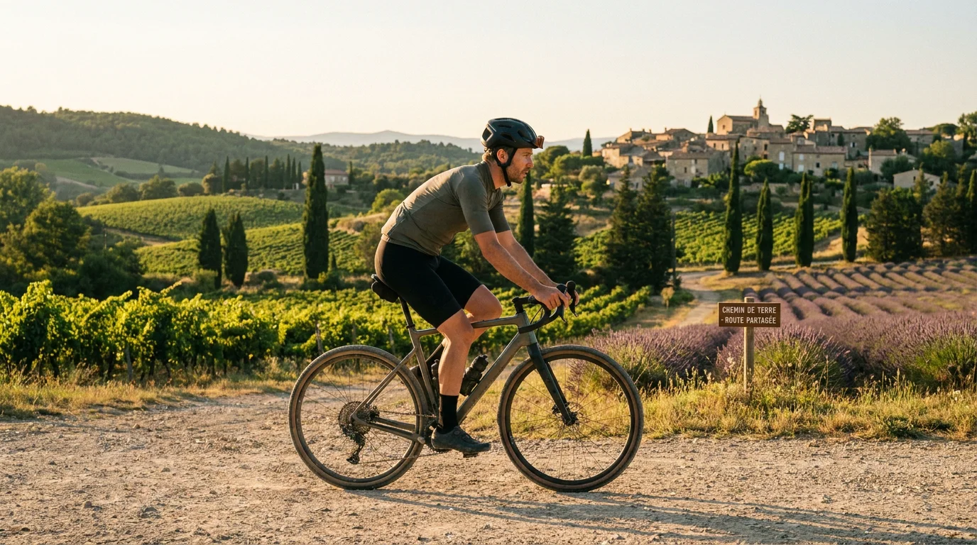 Cycliste en position sur un vélo gravel sur un chemin de terre en France