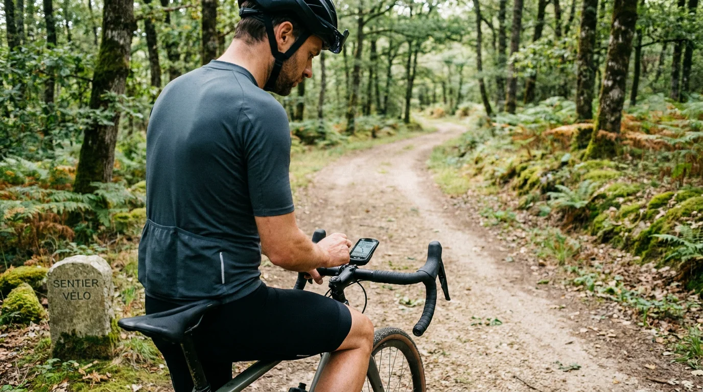 Cycliste gravel consultant son GPS vélo sur un chemin forestier en France