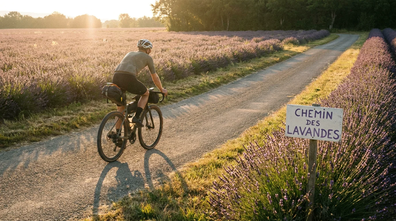 Cycliste gravel roulant sur un chemin de campagne en France au lever du soleil