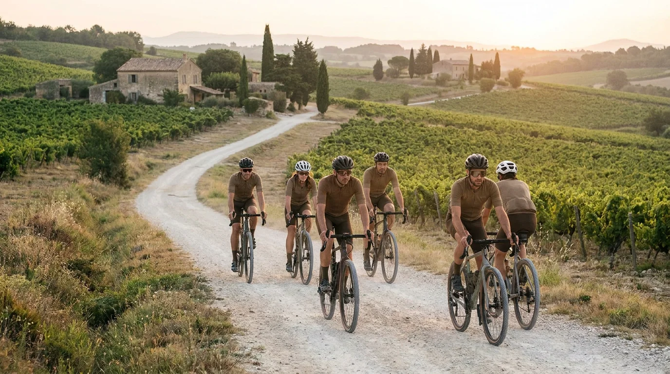 Groupe de cyclistes gravel sur un chemin blanc entre collines verdoyantes dans le sud de la France