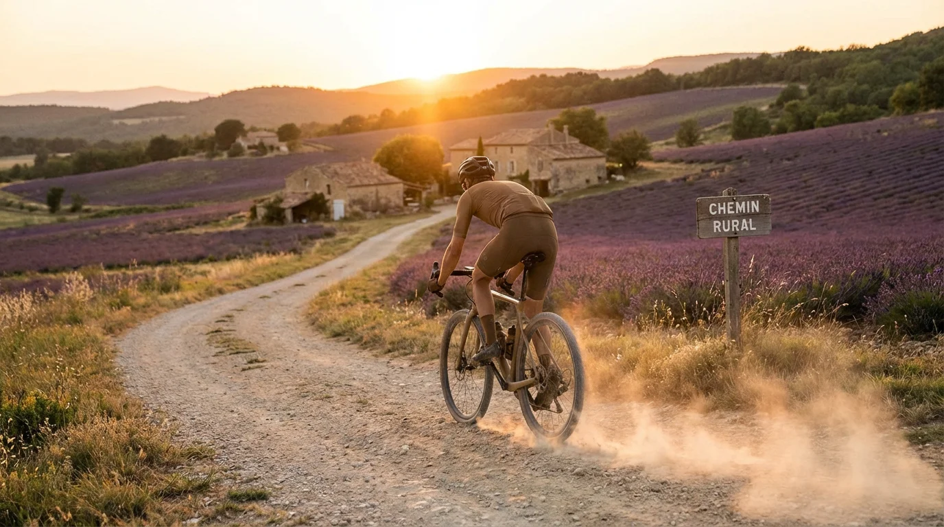 Cycliste gravel sur un chemin de terre dans la campagne française au coucher du soleil